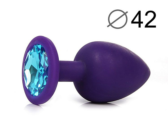 Фиолетовая анальная пробка с голубым кристаллом - 9,5 см. - силикон