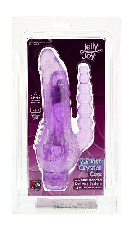 Фиолетовый вибратор для вагинально-анальной стимуляции JELLY JOY CRYSTAL COX PURPLE - 19 см. - поливинилхлорид (ПВХ, PVC)