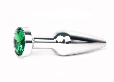Удлиненная коническая гладкая серебристая анальная втулка с зеленым кристаллом - 11,3 см.