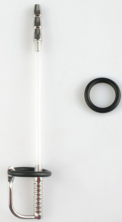 Серебристый фигурный уретральный стимулятор с силиконовым кольцом - металл