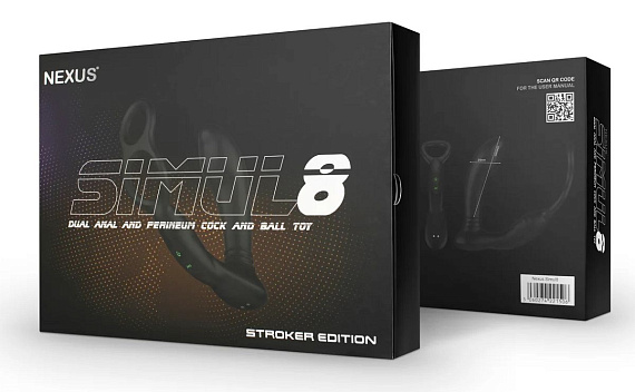 Черный вибромассажер простаты Nexus Simul8 Stroker Edition с кольцами для пениса и мошонки - силикон