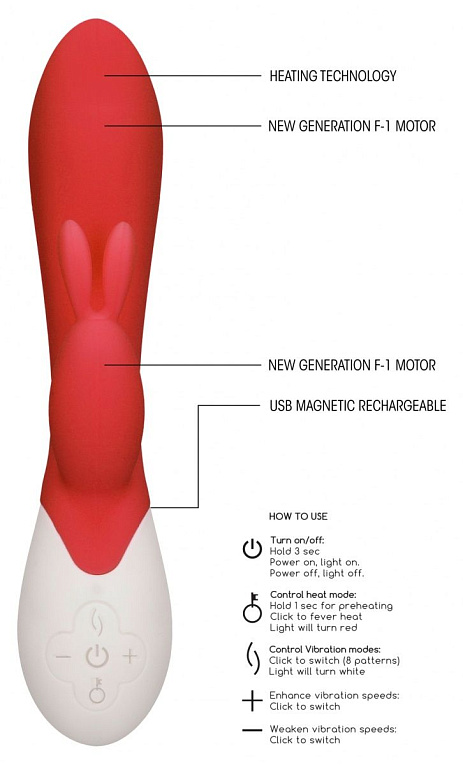 Красный вибратор-кролик Flame с функцией нагрева - 20 см. - силикон