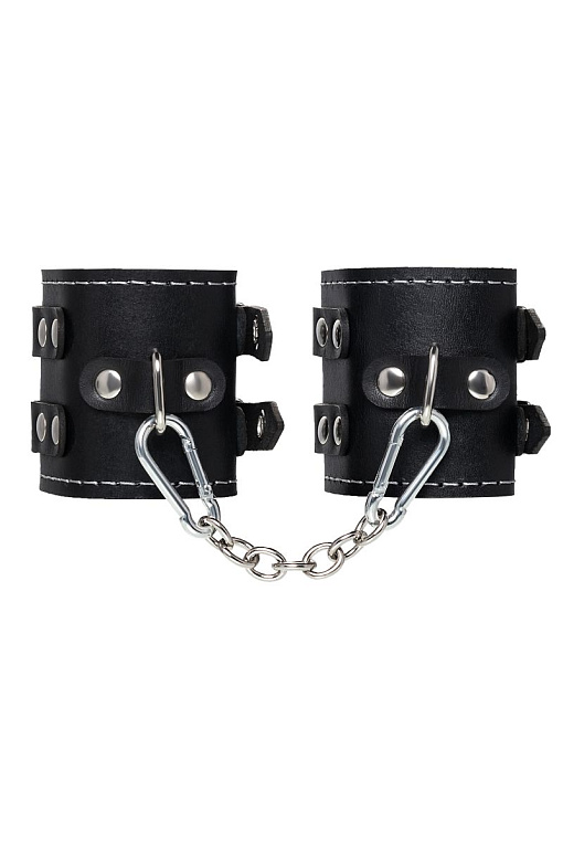 Черные наручники с двумя ремнями и красной подкладкой - натуральная кожа