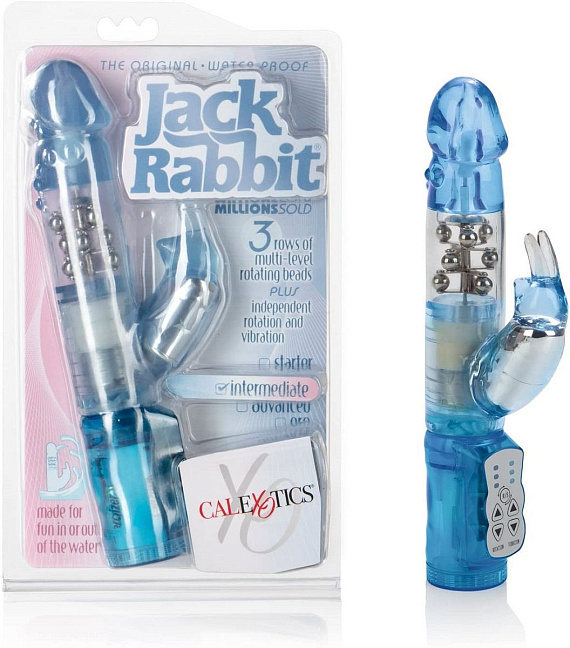 Голубой вибромассажер-кролик Waterproof Jack Rabbit - 24 см. - поливинилхлорид (ПВХ, PVC)