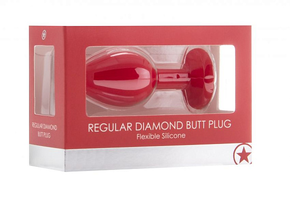Красная анальная пробка OUCH! Regular Diamond Butt Plug с прозрачным кристаллом - 7,3 см. - силикон