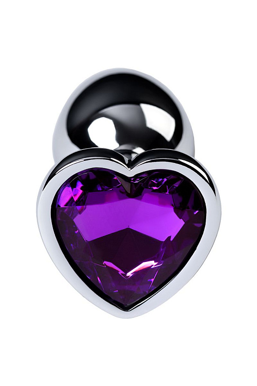 Серебристая коническая анальная пробка с фиолетовым кристаллом-сердечком - 7 см. ToyFa