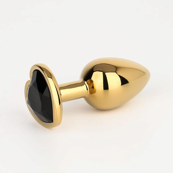 Золотистая анальная пробка с черным кристаллом в форме сердца - 7 см. - металл