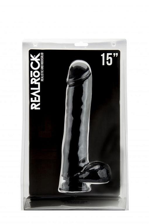 Чёрный фаллоимитатор Realistic Cock 15  With Scrotum - 38 см. - термопластичная резина (TPR)