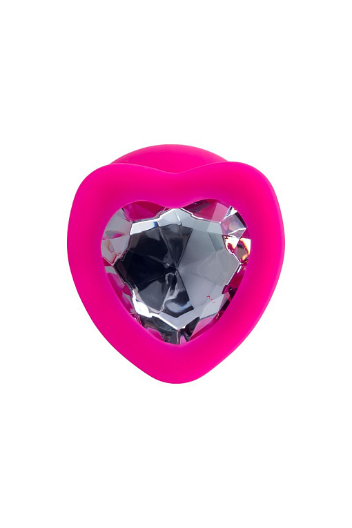 Розовая анальная втулка Diamond Heart с прозрачным кристаллом - 9,5 см. - силикон