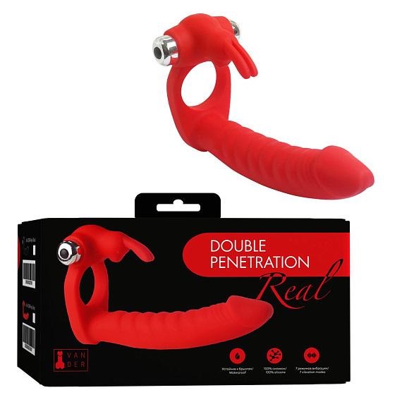 Красная вибронасадка Double Penetration Real с клиторальным зайчиком - силикон