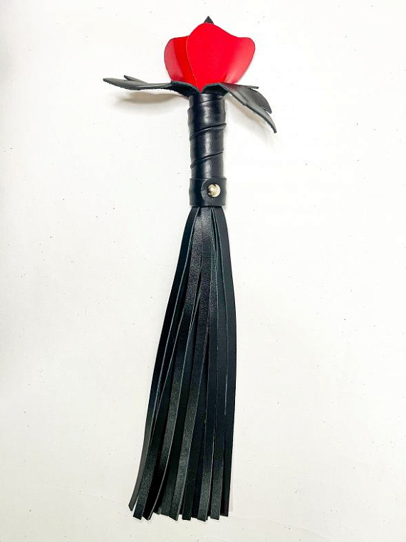 Черная кожаная плеть с красной лаковой розой в рукояти - 40 см. - натуральная кожа