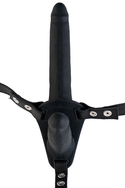 Чёрный поясной страпон с вагинальной пробкой - 16 см. - силикон