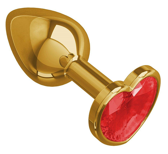 Золотистая анальная втулка с красным кристаллом-сердцем - 7 см. - металл