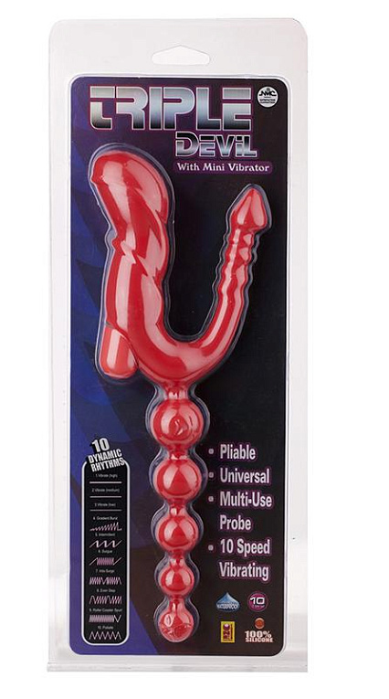 Красный тройной вибростимулятор Triple Devil Butt Plug With Mini Vibe - 28 см. - силикон