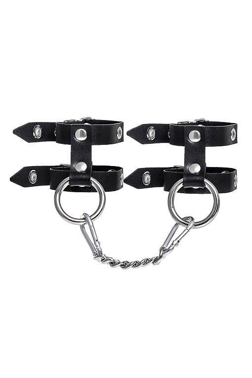 Черные однослойные кожаные наручники из двух ремешков - натуральная кожа