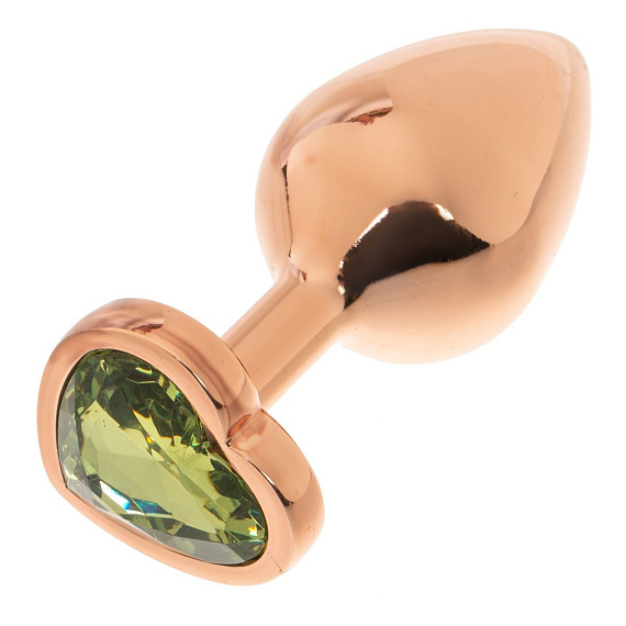 Золотистая анальная пробка OYO с зеленым кристаллом-сердцем - 7,3 см. - металл