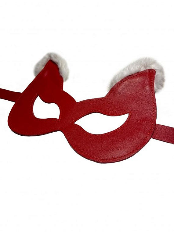 Красная маска из натуральной кожи с белым мехом на ушках от Intimcat