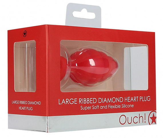 Красная анальная пробка Large Ribbed Diamond Heart Plug - 8 см. - силикон