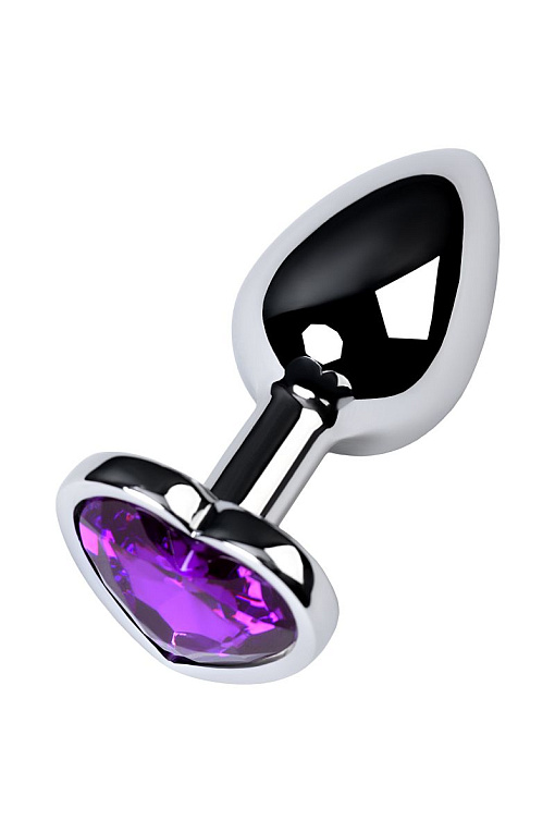 Серебристая коническая анальная пробка с фиолетовым кристаллом-сердечком - 7 см. - металл