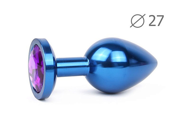 Коническая синяя анальная втулка с кристаллом фиолетового цвета - 7 см.