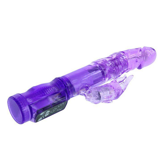 Фиолетовый вибратор-ротатор с клиторальным отростком - 21 см. Baile