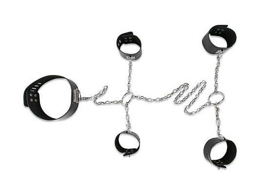Набор для фиксации: наручники, оковы и ошейник, соединённые цепями и кольцами - искусственная кожа