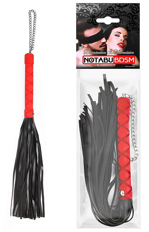 Черная многохвостая плеть-флоггер с красной ручкой - 40 см. - искусственная кожа