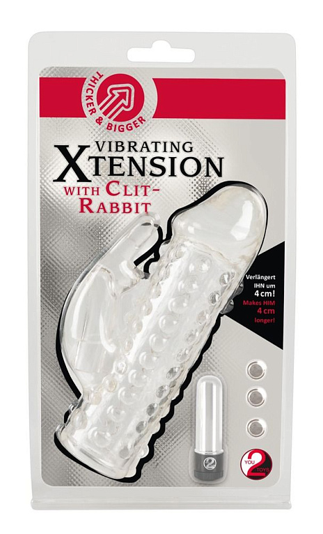 Насадка на пенис с клиторальным вибростимулятором Vibrating XTension with Clit-Rabbit - 17 см. Orion