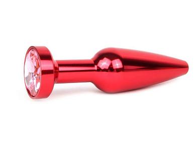 Удлиненная коническая гладкая красная анальная втулка с розовым кристаллом - 11,3 см.