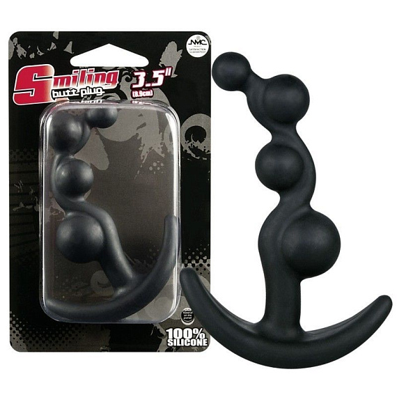 Чёрный анальный стимулятор с шариками Smiling Butt Plug - 8,9 см. - силикон