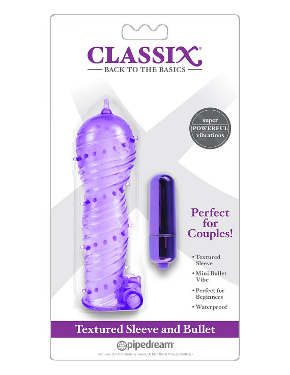 Фиолетовая вибронасадка Textured Sleeve   Bullet - 14 см. - термопластичный эластомер (TPE)