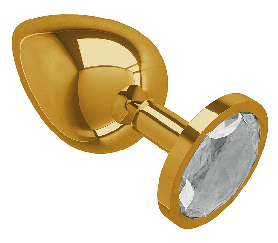 Золотистая большая анальная пробка с прозрачным кристаллом - 9,5 см. - металл