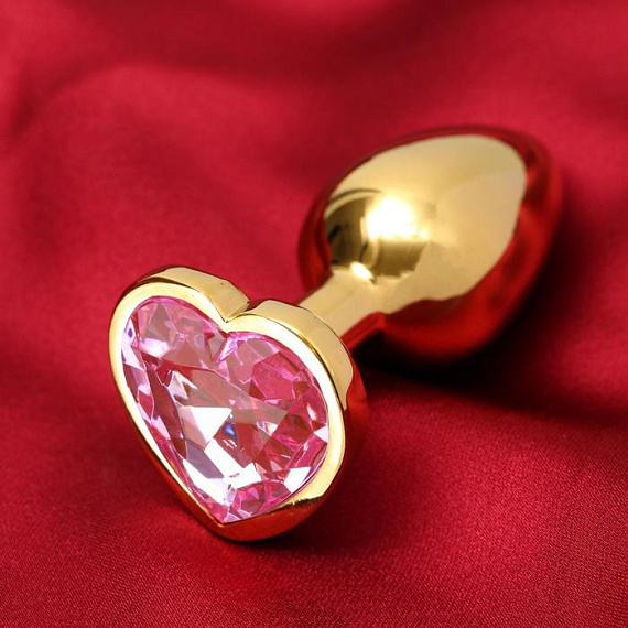 Золотистая анальная пробка с розовым кристаллом в форме сердца - 7 см. - алюминий
