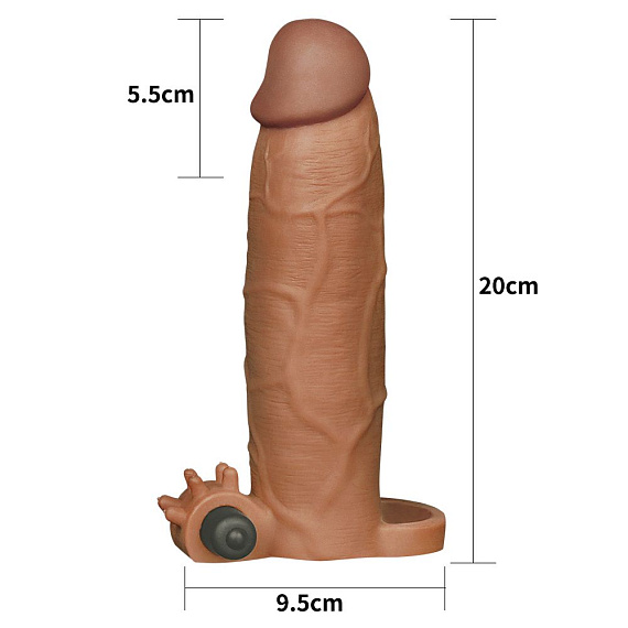 Коричневая насадка на пенис Add 3 Pleasure X Tender Vibrating Penis Sleeve с вибропулей - 20 см. - термопластичный эластомер (TPE)