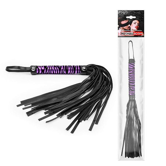 Черная многохвостовая плеть с круглой фиолетовой ручкой-зеброй - 39 см. - поливинилхлорид (ПВХ, PVC)