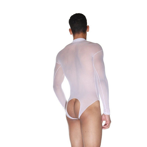 Белое полупрозрачное мужское боди с длинным рукавом - 85% полиамид, 15% эластан