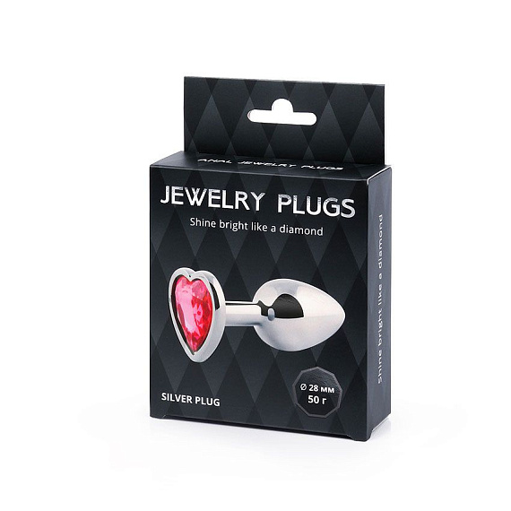Серебристая анальная пробка с малиновым кристаллом-сердечком - 7 см. Anal Jewelry Plug