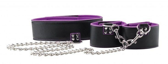 Чёрно-фиолетовый двусторонний ошейник с наручниками Reversible Collar and Wrist Cuffs Shots Media BV