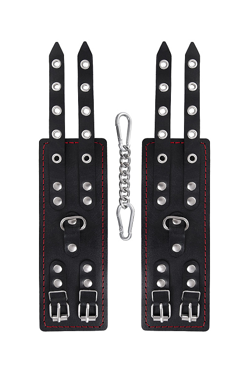 Черные кожаные наручники с двумя ремнями и контрастной строчкой Pecado