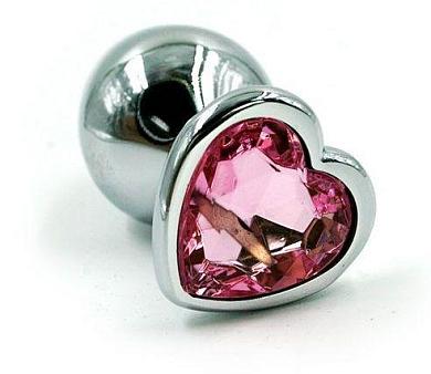 Серебристая анальная пробка с нежно-розовым кристаллом-сердцем - 7 см.
