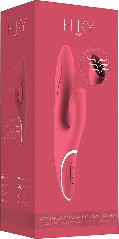 Розовый вибратор HIKY Rabbit с клиторальным отростком с функцией всасывания - 23 см. Shots Media BV