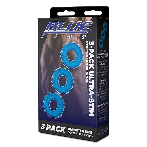 Комплект из трех голубых колец для эрекции 3-Pack Ultra-Stim Stretch Cock Rings - фото 5