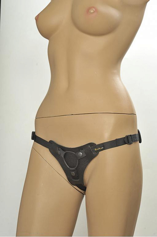 Чёрные трусики для фиксации насадок кольцом Kanikule Leather Strap-on Harness  Anatomic Thong - натуральная кожа