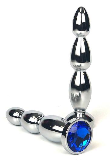 Серебристая анальная пробка-ёлочка с синим кристаллом - 13 см.