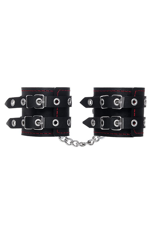 Черные кожаные наручники с двумя ремнями и подкладкой от Intimcat