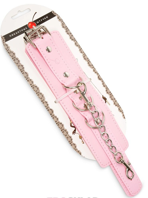 Розовые наручники с регулировкой на цепочке - искусственная кожа