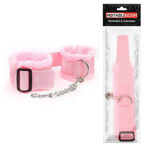 Розовые меховые наручники на регулируемых черных пряжках - текстиль