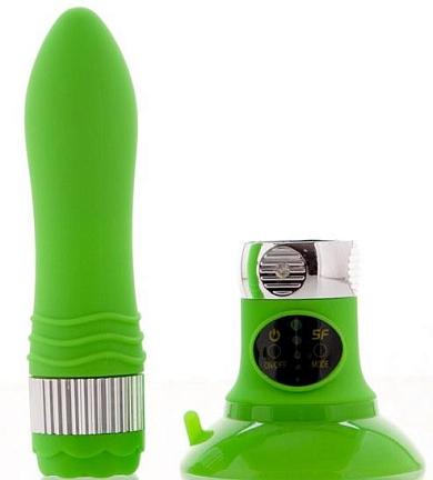 Зеленый водонепроницаемый вибратор на присоске со сменной панелью управления 19 см.