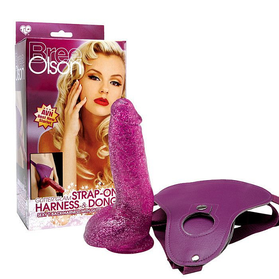 Гламурный страпон с блёстками Bree Olson Glitter Glam Strap-On Harness   Dong - 16 см. - гель