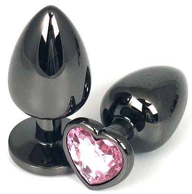 Черная металлическая анальная пробка с нежно-розовым стразом-сердечком - 9 см.